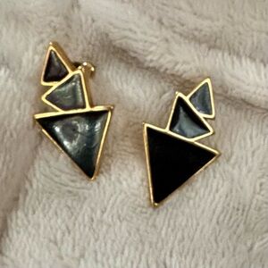 Vintage Trifari Geometric Black Enamel and Gold Post Earrings